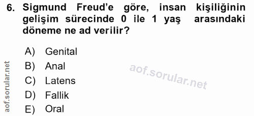6. soru: Sigmund Freud'e göre, insan kişiliğinin gelişim sürecinde 0 ile 1 yaş arasındaki döneme ne ad verilir? A) Genital B)…