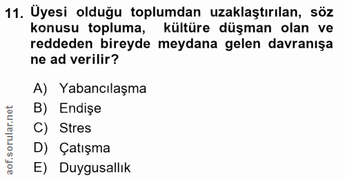 11. soru: Üyesi olduğu toplumdan uzaklaştırılan, söz konusu topluma, kültüre düşman olan ve reddeden bireyde meydana gelen davr…