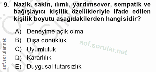 9. soru: Nazik, sakin, ılımlı, yardımsever, sempatik ve bağışlayıcı kişilik özellikleriyle ifade edilen kişilik boyutu aşağıda…