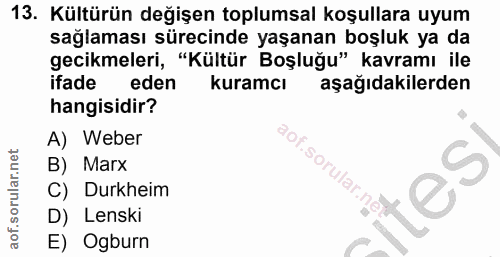 13. soru: Kültürün değişen toplumsal koşullara uyum sağlaması sürecinde yaşanan boşluk ya da gecikmeleri, "Kültür Boşluğu" kavr…