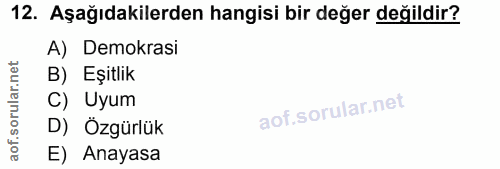 12. soru: Aşağıdakilerden hangisi bir değer değildir? A) Demokrasi B) Eşitlik C) Uyum D) Özgürlük E) Anayasa