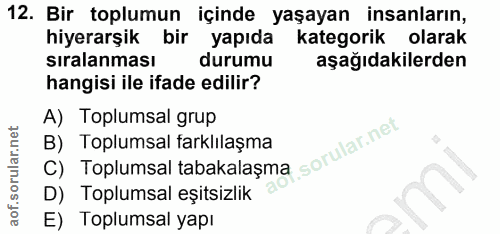 12. soru: Bir toplumun içinde yaşayan insanların, hiyerarşik bir yapıda kategorik olarak sıralanması durumu aşağıdakilerden han…