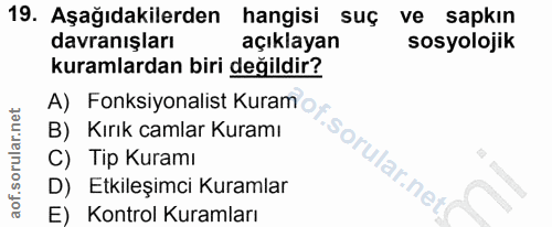19. soru: Aşağıdakilerden hangisi suç ve sapkın davranışları açıklayan sosyolojik kuramlardan biri değildir? B) Kırık camlar Ku…