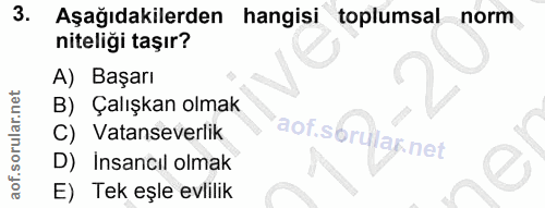 3. soru: Aşağıdakilerden hangisi toplumsal norm niteliği taşır? A) Başarı B) Çalışkan olmak C) Vatanseverlik aof.sbrular.net D…