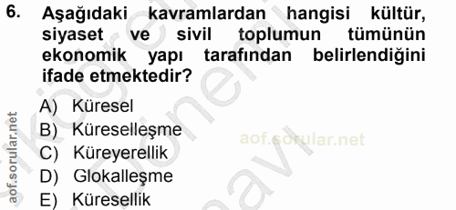 6. soru: Aşağıdaki kavramlardan hangisi kültür, siyaset ve sivil toplumun tümünün ekonomik yapı tarafından belirlendiğini ifad…