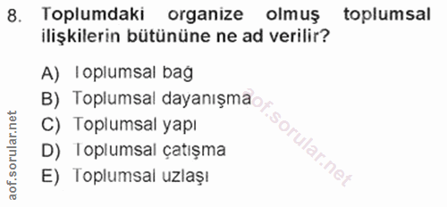 8. soru: Toplumdaki organize olmuş toplumsal ilişkilerin bütününe ne ad verilir? A) opiumsal bag C) Toplumsal yapı D) Toplumsa…