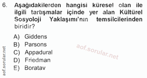 6. soru: Aşağıdakilerden hangisi küresel olan ile ilgili tartışmalar içinde yer alan Kültürel Sosyoloji Yaklaşımı'nın temsilci…