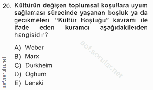 20. soru: Kültürün değişen toplumsal koşullara uyum sağlaması sürecinde yaşanan boşluk ya da gecikmeleri, "Kültür Boşluğu" kavr…