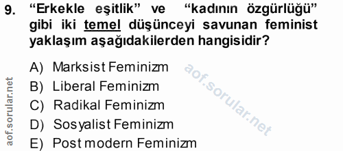 9. soru: "Erkekle eşitlik" ve "kadının özgürlüğü" gibi iki temel düşünceyi savunan feminist yaklaşım aşağıdakilerden hangisidi…