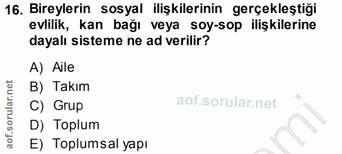 16. soru: Bireylerin sosyal ilişkilerinin gerçekleştiği evlilik, kan bağı veya soy-sop ilişkilerine dayalı sisteme ne ad verili…