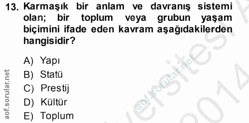 13. soru: Karmaşık bir anlam ve davranış sistemi olan; bir toplum veya grubun yaşam biçimini ifade eden kavram aşağıdakilerden…