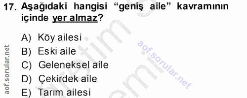 17. soru: Aşağıdaki hangisi "geniş aile" kavramının içinde yer almaz? A) Köy ailesi B) Eski aile C) Geleneksel aile i. D) Çekir…