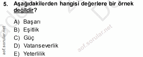 5. soru: Aşağıdakilerden hangisi değerlere bir örnek değildir? A) Başarı B) Eşitlik C) Güç D) Vatanseverlik E) Yeterlilik