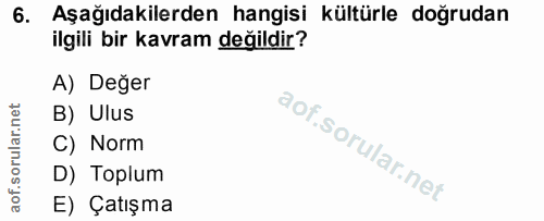 6. soru: Aşağıdakilerden hangisi kültürle doğrudan ilgili bir kavram değildir? A) Değer B) Ulus C) Norm D) Toplum E) Çatışma