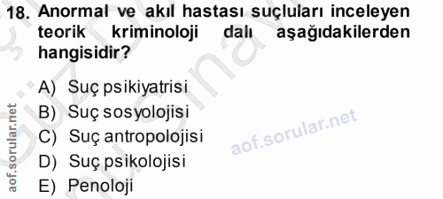 18. soru: Anormal ve akıl hastası suçluları inceleyen teorik kriminoloji dalı aşağıdakilerden hangisidir? A) Suç psikiyatrisi B…