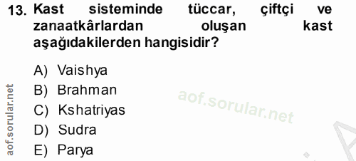 13. soru: Kast sisteminde tüccar, çiftçi ve zanaatkârlardan oluşan kast aşağıdakilerden hangisidir? A) Vaishya B) Brahman C) Ks…
