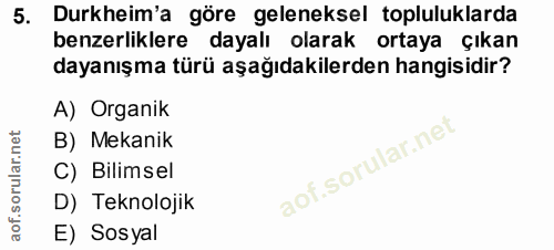 5. soru: Durkheim'a göre geleneksel topluluklarda benzerliklere dayalı olarak ortaya çıkan dayanışma türü aşağıdakilerden hang…