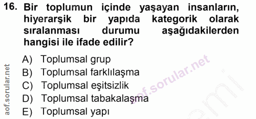 16. soru: Bir toplumun içinde yaşayan insanların, hiyerarşik bir yapıda kategorik olarak sıralanması durumu aşağıdakilerden han…