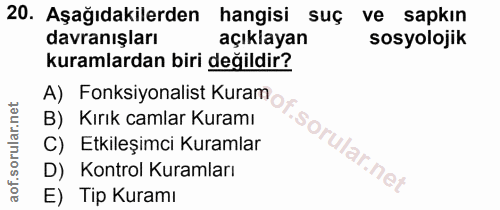 20. soru: Aşağıdakilerden hangisi suç ve sapkın davranışları açıklayan sosyolojik kuramlardan biri değildir? A) Fonksiyonalist…
