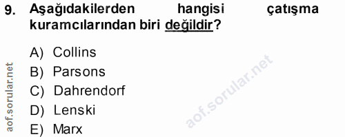 9. soru: Aşağıdakilerden hangisi çatışma kuramcılarından biri değildir? A) Collins B) Parsons C) Dahrendorf D) Lenski E) Marx