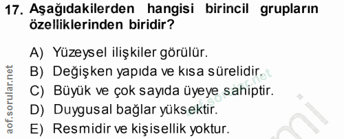 17. soru: Aşağıdakilerden hangisi birincil grupların özelliklerinden biridir? A) Yüzeysel ilişkiler görülür. B) Değişken yapıda…