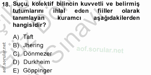 18. soru: Suçu, kolektif bilincin kuvvetli ve belirmiş tutumlarını ihlal eden fiiller olarak tanımlayan kuramcı aşağıdakilerden…