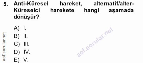 5. soru: Anti-Küresel hareket, alternatif/alter- Küreselci harekete hangi aşamada dönüşür? A) I. B) II. C) III. D) IV. E) V.