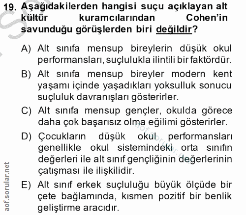 19. soru: Aşağıdakilerden hangisi suçu açıklayan alt kültür kuramcılarından Cohen'in savunduğu görüşlerden biri değildir? A) Al…