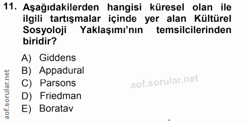 11. soru: Aşağıdakilerden hangisi küresel olan ile ilgili tartışmalar içinde yer alan Kültürel Sosyoloji Yaklaşımı'nın temsilci…