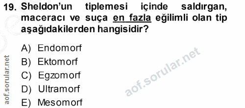 19. soru: Sheldon'un tiplemesi içinde saldirgan, maceracı ve suça en fazla eğilimli olan tip aşağıdakilerden hangisidir? A) End…