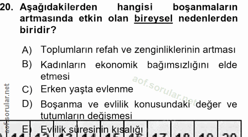 20. soru: Aşağıdakilerden hangisi boşanmaların artmasında etkin olan bireysel nedenlerden biridir? A) Toplumların refah ve zeng…