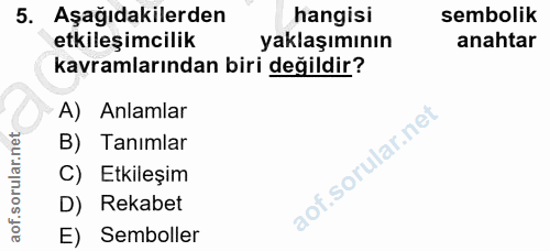 5. soru: Aşağıdakilerden hangisi sembolik etkileşimcilik yaklaşımının anahtar kavramlarından biri değildir? A) Anlamlar B) Tan…