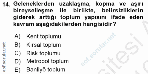 14. soru: Geleneklerden uzaklaşma, kopma ve aşırı bireyselleşme ile birlikte, belirsizliklerin giderek arttığı toplum yapısını…