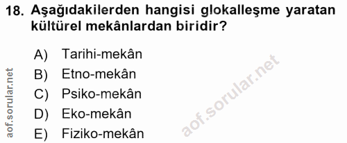 18. soru: Aşağıdakilerden hangisi glokalleşme yaratan kültürel mekânlardan biridir? A) Tarihi-mekân B) Etno-mekân C) Psiko-mekâ…