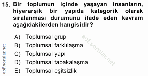 15. soru: Bir toplumun içinde yaşayan insanların, hiyerarşik bir yapıda kategorik olarak siralanması durumunu ifade eden kavram…