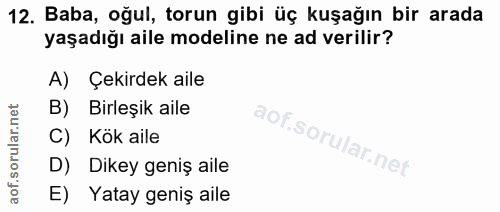 12. soru: Baba, oğul, torun gibi üç kuşağın bir arada yaşadığı aile modeline ne ad verilir? A) Çekirdek aile B) Birleşik aile C…