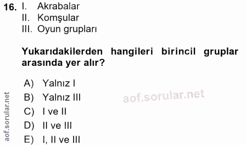 16. soru: 1. Akrabalar II. Komşular III. Oyun grupları Yukarıdakilerden hangileri birincil gruplar arasında yer alır? A) Yalnız…
