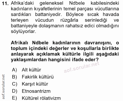 11. soru: Afrika'daki geleneksel Ndbele kabilesindeki kadınların kıyafetlerinin temel parçası vücutlarına sardıkları battaniyed…