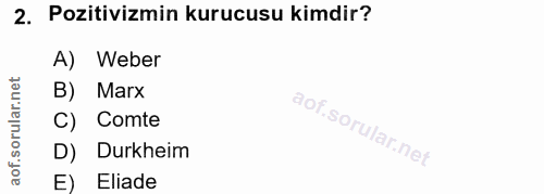2. soru: Pozitivizmin kurucusu kimdir? A) Weber B) Marx C) Comte D) Durkheim E) Eliade