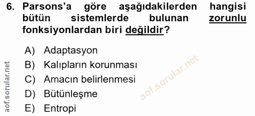 6. soru: Parsons'a göre aşağıdakilerden hangisi bütün sistemlerde bulunan zorunlu fonksiyonlardan biri değildir? A) Adaptasyon…