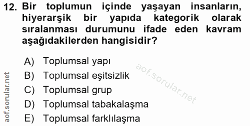 12. soru: Bir toplumun içinde yaşayan insanların, hiyerarşik bir yapıda kategorik olarak sıralanması durumunu ifade eden kavram…