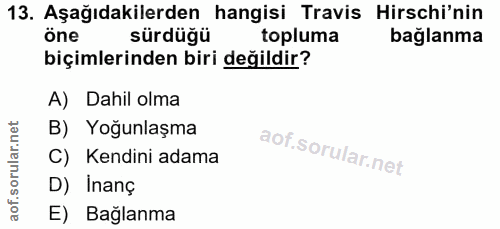 13. soru: Aşağıdakilerden hangisi Travis Hirschi'nin öne sürdüğü topluma bağlanma biçimlerinden biri değildir? A) Dahil olma or…