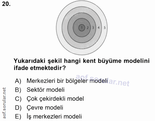 20. soru: Yukarıdaki şekil hangi kent büyüme modelini ifade etmektedir? A) Merkezleri bir bölgeler modeli ar net B) Sektör mode…