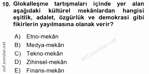 10. soru: Glokalleşme tartışmaları içinde yer alan aşağıdaki kültürel mekânlardan hangisi eşitlik, adalet, özgürlük ve demokras…
