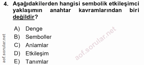 4. soru: Aşağıdakilerden hangisi sembolik etkileşimci yaklaşımın anahtar kavramlarından biri değildir? A) Denge B) Semboller C…