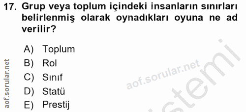 17. soru: Grup veya toplum içindeki insanların sınırları belirlenmiş olarak oynadıkları oyuna ne ad verilir? A) Toplum B) Rol C…