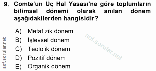 9. soru: Comte'un Üç Hal Yasası'na göre toplumların bilimsel dönemi olarak anilan dönem aşağıdakilerden hangisidir? A) Metafiz…