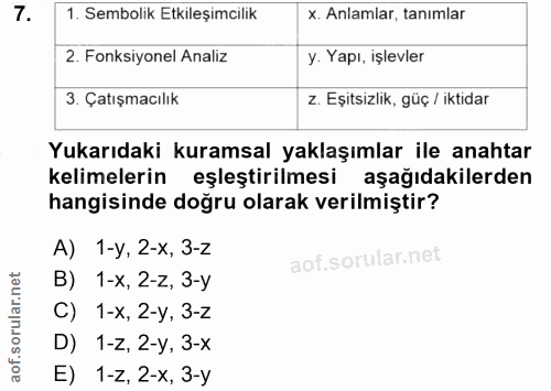 7. soru: 1. Sembolik Etkileşimcilik x. Anlamlar, tanımlar 2. Fonksiyonel Analiz y. Yapı, işlevler 3. Çatışmacılık z. Eşitsizli…