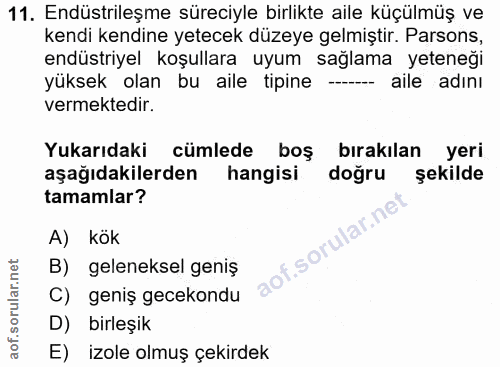 11. soru: Endüstrileşme süreciyle birlikte aile küçülmüş ve kendi kendine yetecek düzeye gelmiştir. Parsons, endüstriyel koşull…