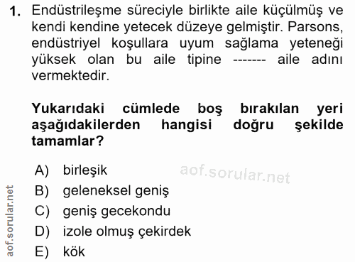 1. soru: Endüstrileşme süreciyle birlikte aile küçülmüş ve kendi kendine yetecek düzeye gelmiştir. Parsons, endüstriyel koşull…